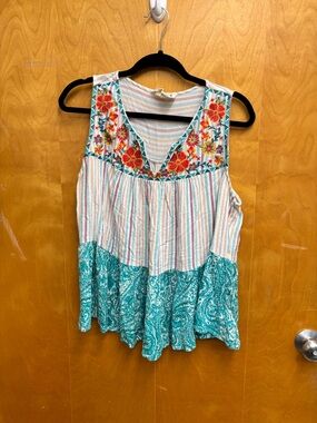 Embroidered Floral Turquoise & Striped Sleeveless Top